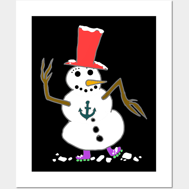 Snowman Rollerblade red hat anchor winter Wall Art by FromBerlinGift